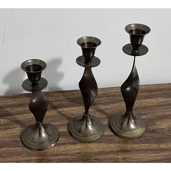 Vintage Tiered Brass Candle Holders Swirl Twist Set Of 3 Graduated Candlesticks - Picture 6 of 9